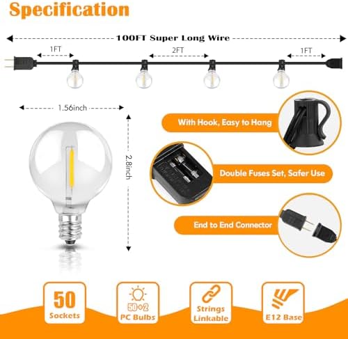 100ft Outdoor G40 LED Globe String Lights Dimmable Waterproof Shatterproof Light Strings with 52 Bulbs, alternate view 3
