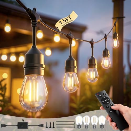 100FT Outdoor String Light 64+4 Bulbs 2W, 120W Dimmer Remote IP65Waterproof