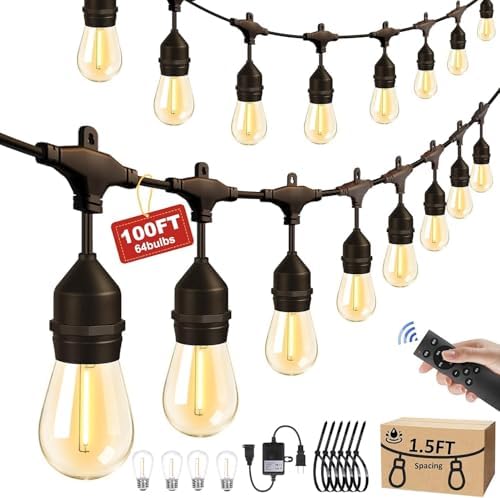 100FT Outdoor String Light 64Bulbs (1.5FT Bulbs Spacing),120W Dimmer Remote