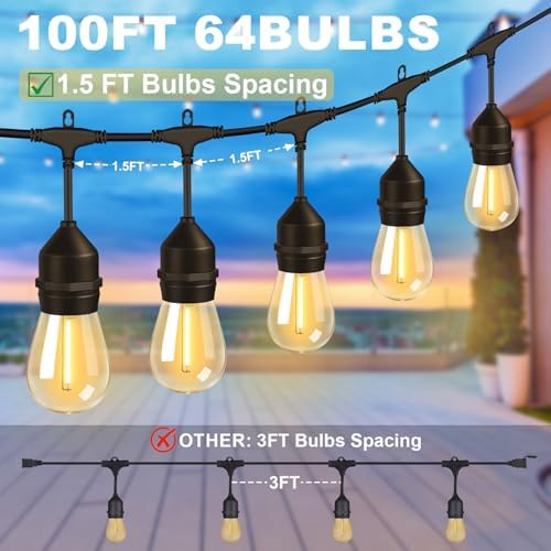 100FT Outdoor String Light 64Bulbs (1.5FT Bulbs Spacing),120W Dimmer Remote, alternate view 2