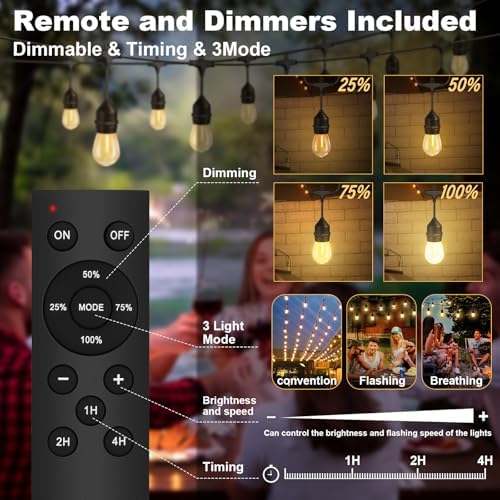 100FT Outdoor String Light 64Bulbs (1.5FT Bulbs Spacing),120W Dimmer Remote, alternate view 3