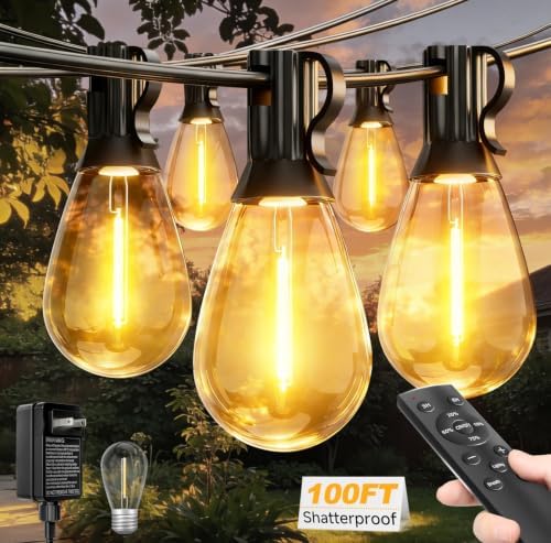 100FT Outdoor String Lights 35 Bulbs with Remote Dimmable Timer Flashing