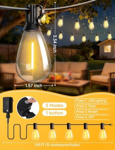 100FT Outdoor String Lights 35 Bulbs with Remote Dimmable Timer Flashing, alternate view 6