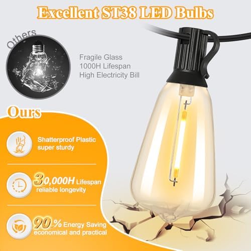 100FT Outdoor String Lights 52 Bulbs, 2200K Amber Lights, alternate view 2