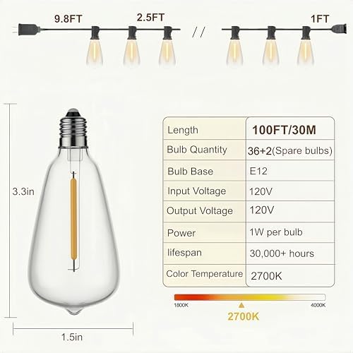 100FT Outdoor String Lights, IP45 Waterproof Patio Lights LED ST38, alternate view 6