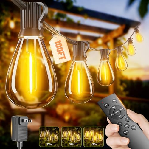 100FT Outdoor String Lights with Remote & Dimmable, 35+1 Shatterproof Waterproof Bulbs, Dimmable Outside Hanging