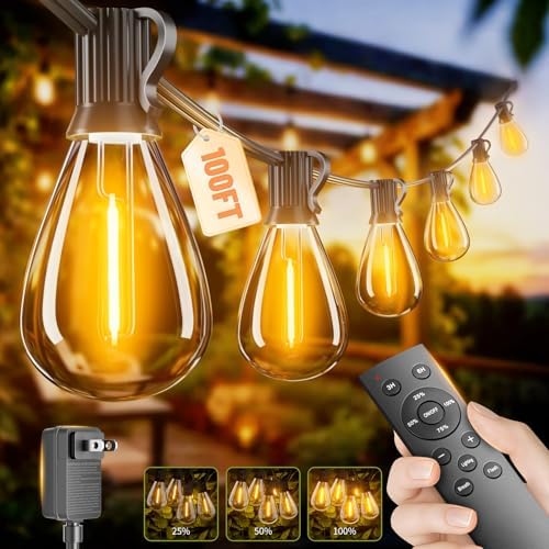 100FT Outdoor String Lights with Remote & Dimmable, 35+1 Shatterproof Waterproof Bulbs, Dimmable Outside Hanging