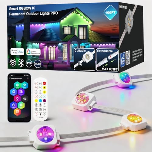100ft Permanent Outdoor Lights Pro, 60 RGBCW+IC LED String Light Cuttable in Classic White