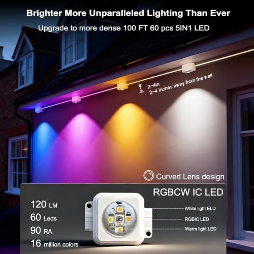 100ft Permanent Outdoor Lights Pro, 60 RGBCW+IC LED String Light Cuttable in Classic White, alternate view 5
