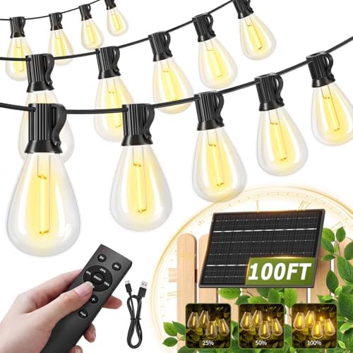 100FT Solar Outdoor String Lights with 36+2 Edison Shatterproof Waterproof Bulbs, 2200K Commercial Grade Patio