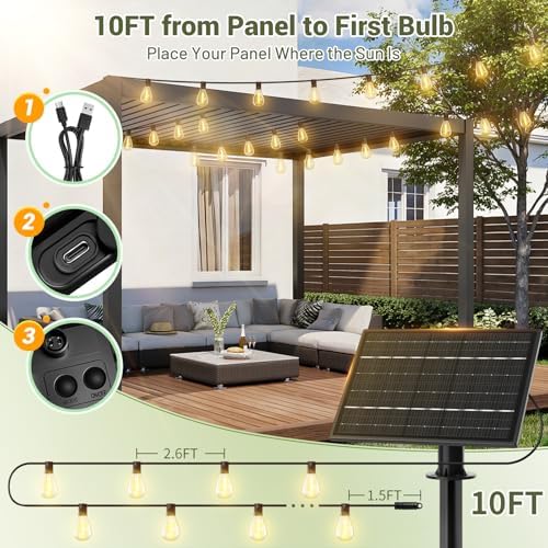 100FT Solar Outdoor String Lights with 36+2 Edison Shatterproof Waterproof Bulbs, 2200K Commercial Grade Patio, alternate