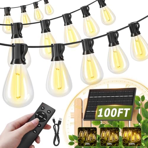 100FT Solar String Lights Outdoor Waterproof, 35+1 LED Shatterproof Bulbs Solar Powered with Remote & USB Port