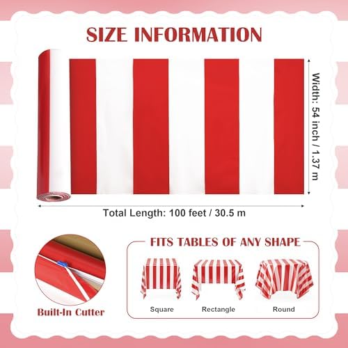 100FT x 54IN Carnival Red & White Striped Tablecloth Roll with Cutter Box, alternate view 7