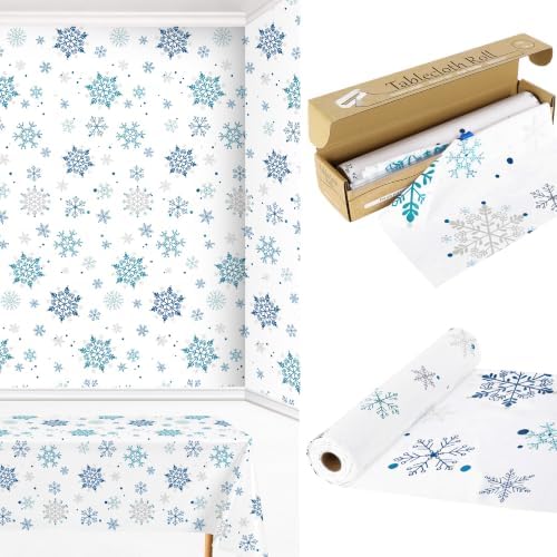100FT x 54IN Christmas Blue Snowflake Tablecloth Roll with Cutter Box