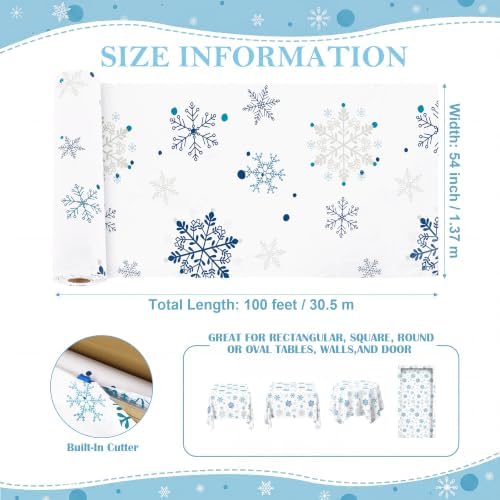 100FT x 54IN Christmas Blue Snowflake Tablecloth Roll with Cutter Box, alternate view 6