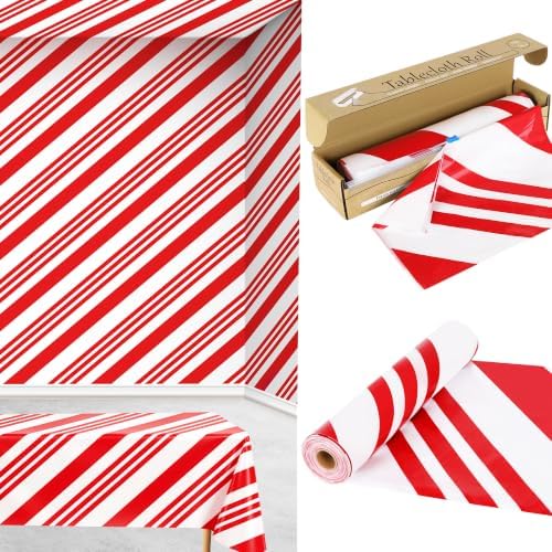 100FT x 54IN Christmas Candy Cane Red and White Striped Tablecloth Roll