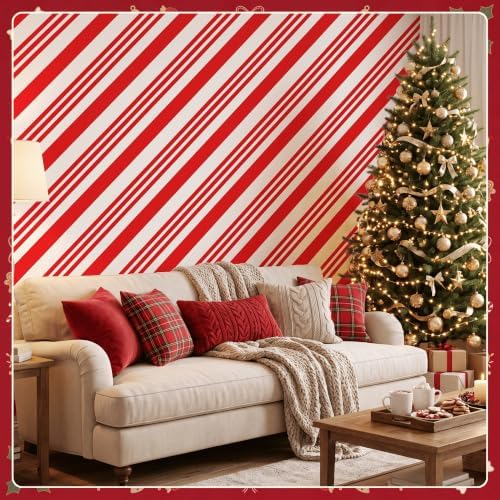 100FT x 54IN Christmas Candy Cane Red and White Striped Tablecloth Roll, alternate view 5