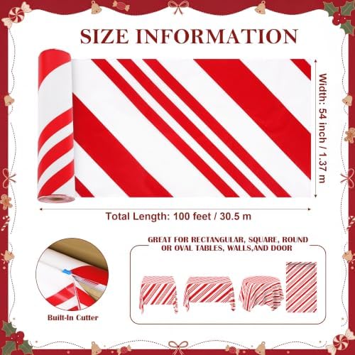 100FT x 54IN Christmas Candy Cane Red and White Striped Tablecloth Roll, alternate view 6