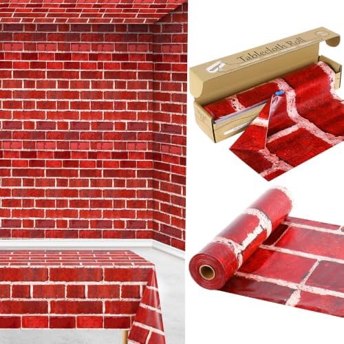 100FT x 54IN Christmas Red Brick Tablecloth Roll with Slide Cutter Box