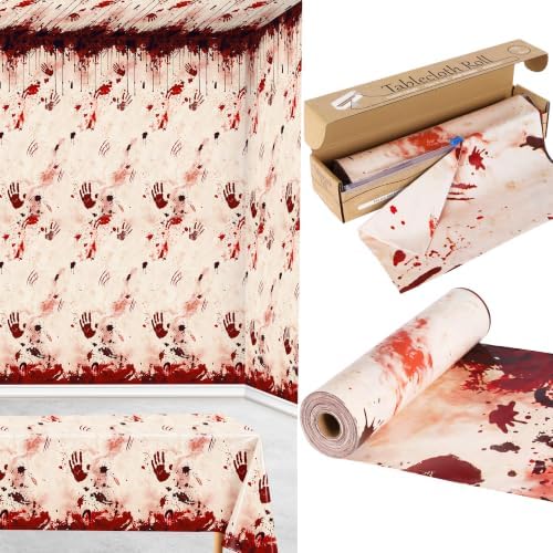 100FT x 54IN Halloween Bloody Print Plastic Tablecloth Roll with Cutter Box