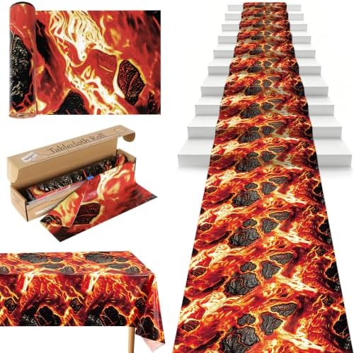 100FT x 54IN Halloween Lava Plastic Tablecloth Roll with Slide Cutter Box in Red Lava
