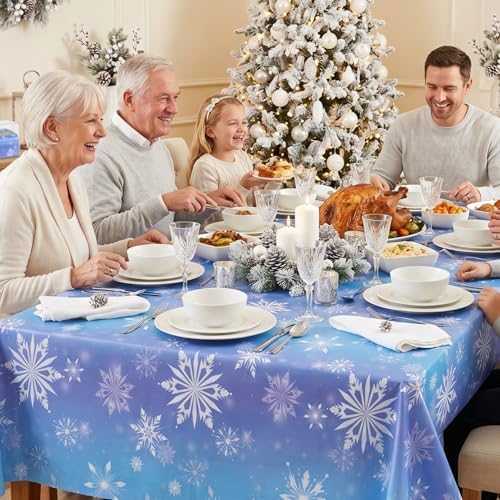 100FT x 54IN Snowflake Plastic Tablecloth Roll with Slide Cutter Box in Blue and Purple Snowflake, alternate view 3