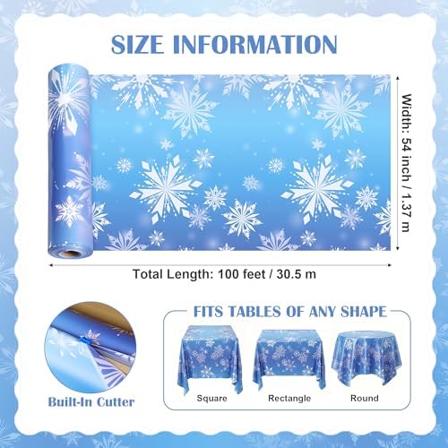 100FT x 54IN Snowflake Plastic Tablecloth Roll with Slide Cutter Box in Blue and Purple Snowflake, alternate view 7