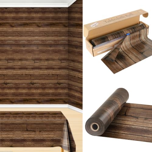 100FT x 54IN Wood Grain Plastic Tablecloth Roll with Slide Cutter Box in Wood Grain