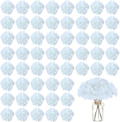 100PCS Artificial Hydrangea Flowers, Fake Flowers Silk White Hydrangea Full Flowers Heads with Stems for Wedding