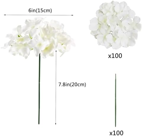 100PCS Artificial Hydrangea Flowers, Fake Flowers Silk White Hydrangea Full Flowers Heads with Stems for Wedding, alternate