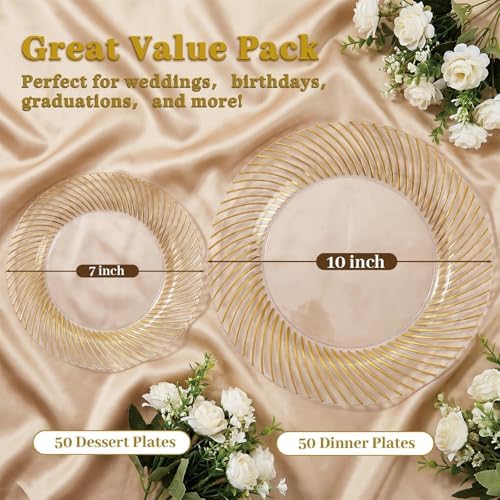 100Pcs Clear Plates With Gold Trim for Party, Disposable Plates Include 50 Dessert Plates and 50 Dinner Plates, alternate