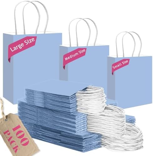 100PCS Gift Bag with Handles Bulk Light Blue Paper Bags Assorted Sizes(33pcs Large 13",33pcs Medium 11",34pcs