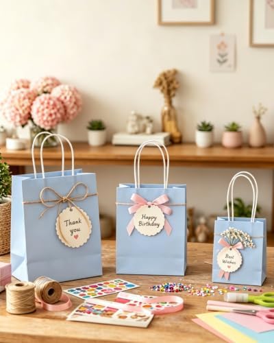 100PCS Gift Bag with Handles Bulk Light Blue Paper Bags Assorted Sizes(33pcs Large 13",33pcs Medium 11",34pcs, alternate view