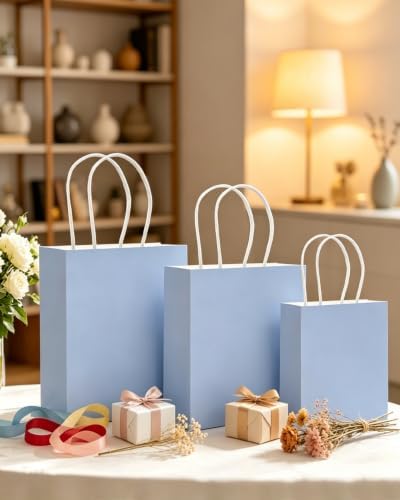 100PCS Gift Bag with Handles Bulk Light Blue Paper Bags Assorted Sizes(33pcs Large 13",33pcs Medium 11",34pcs, alternate view