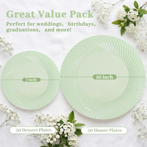 100Pcs Green Plastic Plates for Party, Green Disposable Plates Include 50 Dessert Plates and 50 Dinner Plates, alternate view