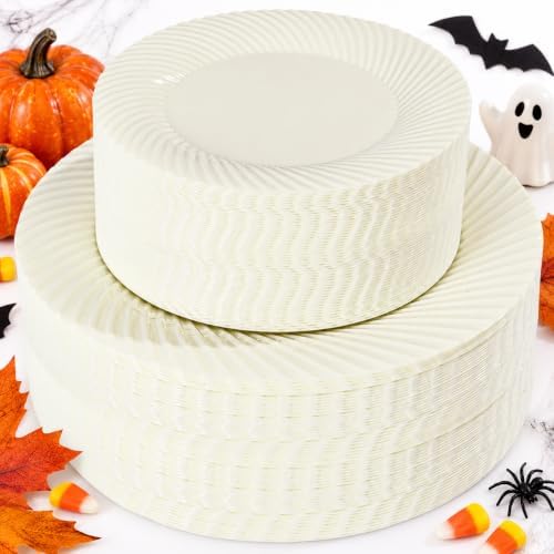 100Pcs Ivory Plastic Plates for Party, Ivory Disposable Plates Include 50 Dessert Plates and 50 Dinner Plates