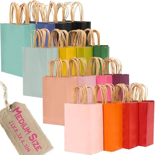 100Pcs Medium Size Paper Gift Bags with Handles - 11"x8.3"x4.3" Kraft Party Bags - 16 Solid Colors in 1 Count