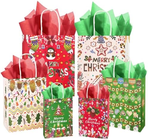100PCS Paper Gift Bags Assorted Christmas Paper Bags Red White Green in 100 Count (Pack of 1) in Red White Green