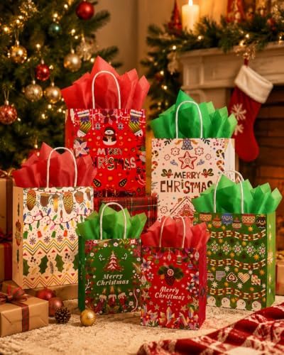100PCS Paper Gift Bags Assorted Christmas Paper Bags Red White Green in 100 Count (Pack of 1) in Red White Green, alternate