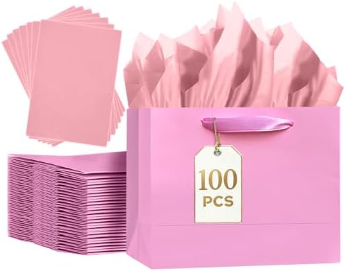 100PCS Pink Gift Bags with Tissue Paper Medium Wide Size in 100 Count (Pack of 1) - Medium Wide in Pink