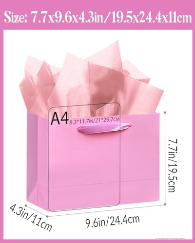 100PCS Pink Gift Bags with Tissue Paper Medium Wide Size in 100 Count (Pack of 1) - Medium Wide in Pink, alternate view 3