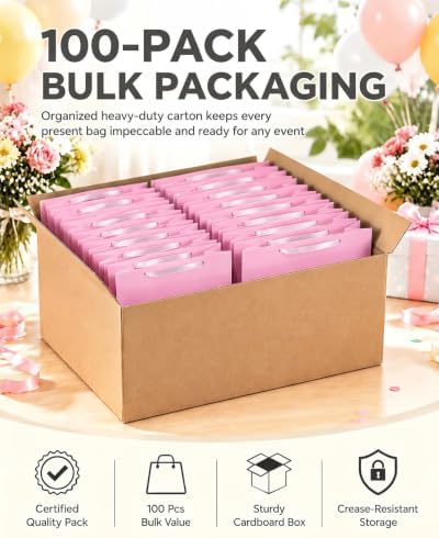 100PCS Pink Gift Bags with Tissue Paper Medium Wide Size in 100 Count (Pack of 1) - Medium Wide in Pink, alternate view 4