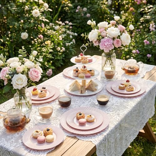 100Pcs Pink Plastic Plates for Party, Pink Disposable Plates Include 50 Dessert Plates and 50 Dinner Plates for, alternate