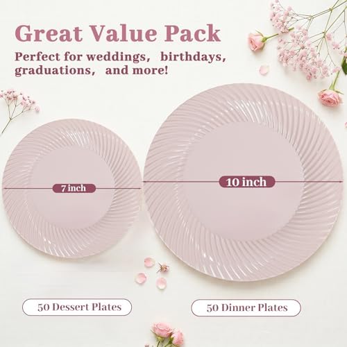 100Pcs Pink Plastic Plates for Party, Pink Disposable Plates Include 50 Dessert Plates and 50 Dinner Plates for, alternate