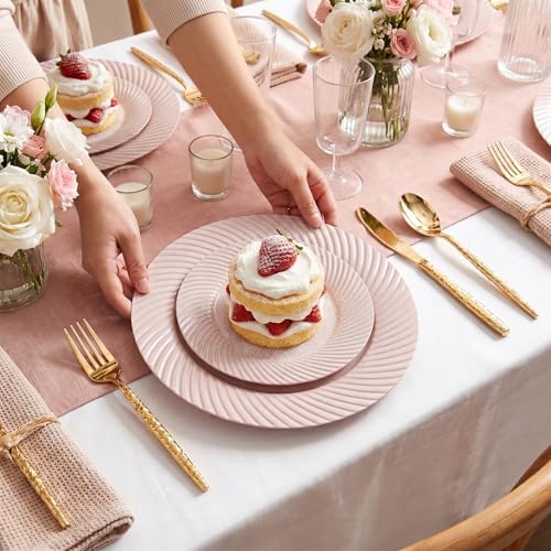 100Pcs Pink Plastic Plates for Party, Pink Disposable Plates Include 50 Dessert Plates and 50 Dinner Plates for, alternate