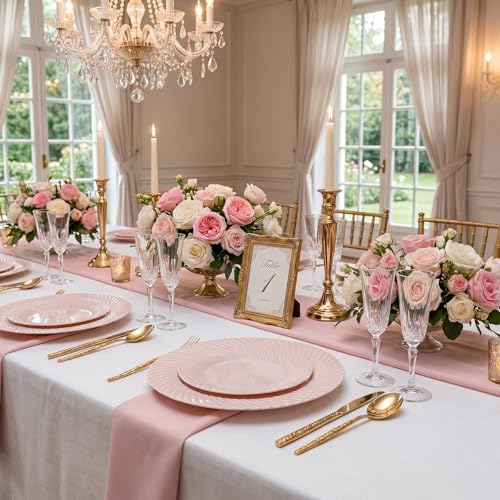 100Pcs Pink Plastic Plates for Party, Pink Disposable Plates Include 50 Dessert Plates and 50 Dinner Plates for, alternate