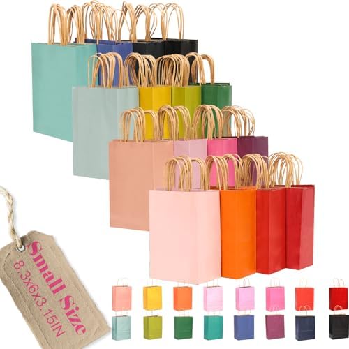 100Pcs Small Size Paper Gift Bags with Handles - 8.3"x6"x3.15" Kraft Small Party Bags - 16 Solid Colors in 100