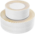 100Pcs White Plastic Plates With Gold Trim for Party, Plastic Disposable Plates Include 50 Dessert Plates and 50
