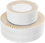 100Pcs White Plastic Plates With Gold Trim for Party, Plastic Disposable Plates Include 50 Dessert Plates and 50