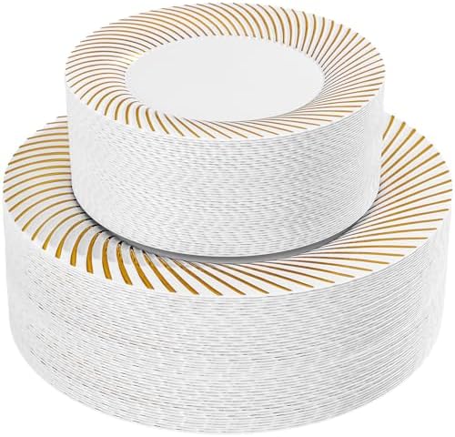 100Pcs White Plastic Plates With Gold Trim for Party, Plastic Disposable Plates Include 50 Dessert Plates and 50